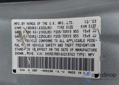 2004 Honda Cr-V Ex z USA, uszkodzony, nr VIN SHSRD78814U219743